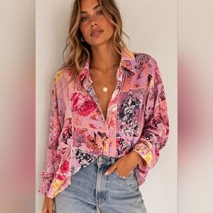 Alex & Lili | Relaxed Floral Patchwork Button-Up Shirt in Pink, Ptp 23 1/2"